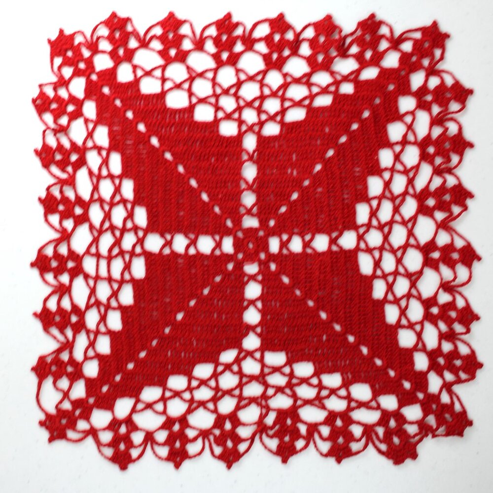 Vintage Doily Square Hand Crocheted Red Scalloped Edge 13" x 13"